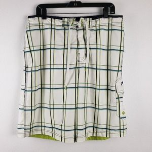 Speedo Men's Size L Cargo Swim Trunks White Green Plaid With Liner‎ 90s Style